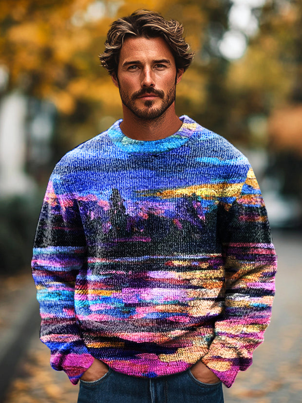 Gentleman Vintage Abstract Landscape Oil Painting Art Print Knit Crew Neck Pullover