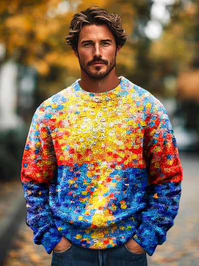 Gentleman Vintage Multicolor Abstract Art Print Knit Crew Neck Pullover Shirt