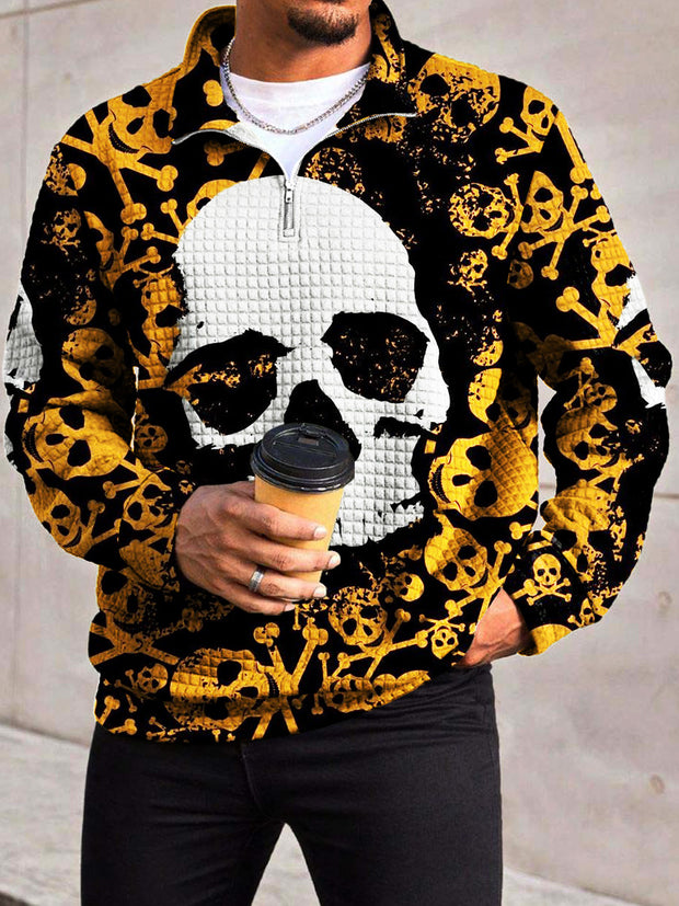 Men's Fashion Trend Skull Print Waffle Gra Chain Neckline Long Sleeve Sweatshirt