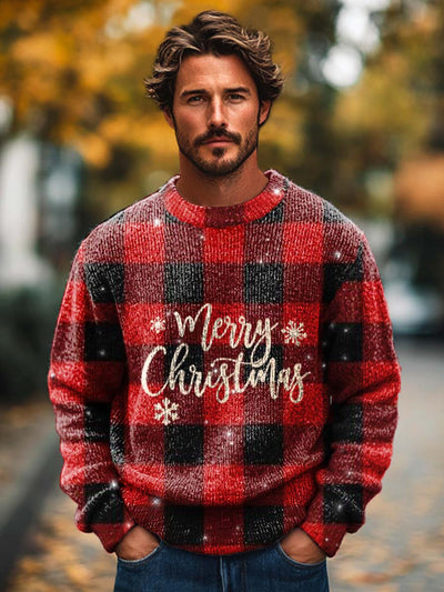 Men's Fashionable Retro Checkered Christmas Happy Print Knitted Long Sleeved Round Neck Sweater