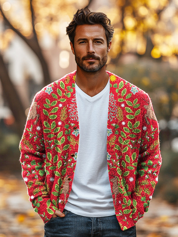 Christmas Themed Elk Leaf Vintage Print Knit V-Neck Cardigan