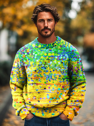 Gentleman Vintage Multicolor Abstract Dotted Line Art Print Knit Crew Neck Pullover