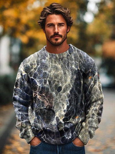 Men's Fashion Abstract Texture Art Printed Knitted Long Sleeve Round Neck Sweater