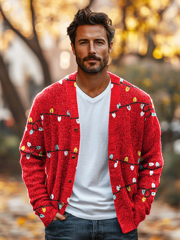 Christmas Themed Red Neon String Vintage Print Knit V-Neck Cardigan