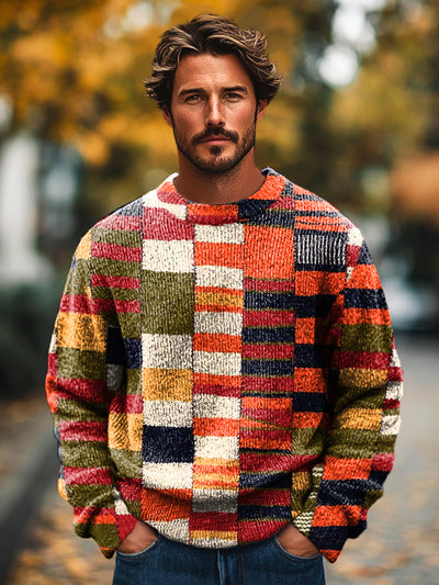 Gentleman Vintage Multicolor Geometric Patchwork Art Print Knit Crew Neck Pullover Sweater