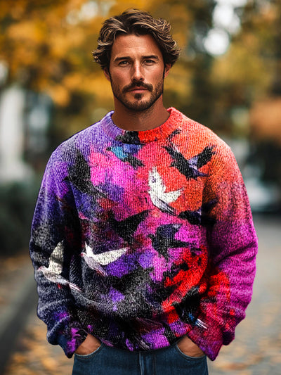 Gentleman Vintage Ink Flying Bird Abstract Art Print Knit Crew Neck Pullover Sweater