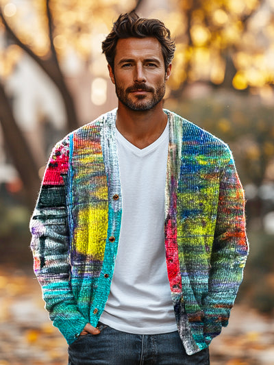 Gentleman Vintage Abstract Colorful Graffiti Art Print Knit V-Neck Cardigan