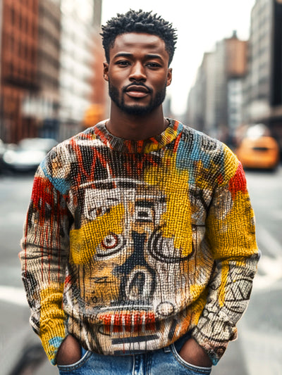 Vintage African Abstract Graffiti Art Print Knit Crew Neck Pullover Shirt