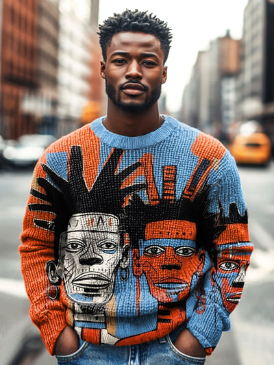 Vintage African Hand-Painted Tribal Character Art Print Knit Crew Neck Pullover Sweatshirt