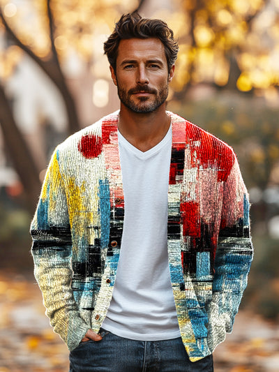 Gentleman Vintage Colorful Ink Art Print Knit V-Neck Cardigan