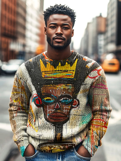 Vintage African Abstract Graffiti Portrait Print Knit Crew Neck Pullover Shirt