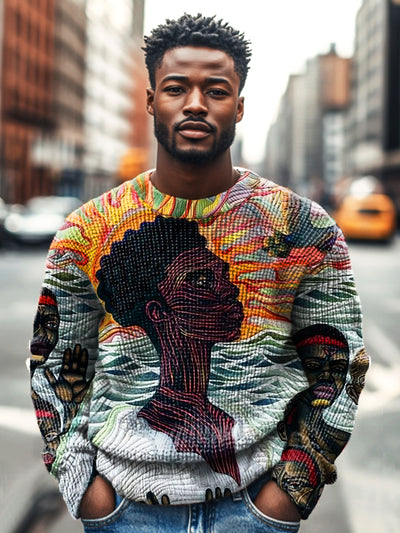 Vintage African Portrait Painted Art Print Knit Crew Neck Pullover Shirt