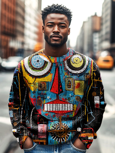 Vintage African Character Abstract Art Print Knit Crew Neck Pullover Shirt