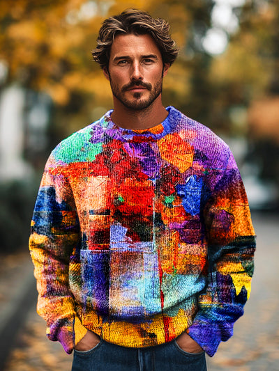 Gentleman Vintage Multicolor Graffiti Art Print Knit Crew Neck Pullover Sweatshirt