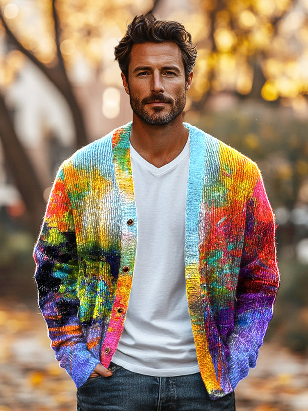 Gentleman Vintage Colorful Ink Landscape Art Print Knit V-Neck Cardigan