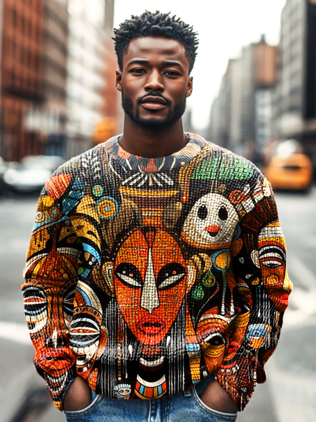 Vintage African Tribal Character Pattern Art Print Knit Crew Neck Pullover Shirt