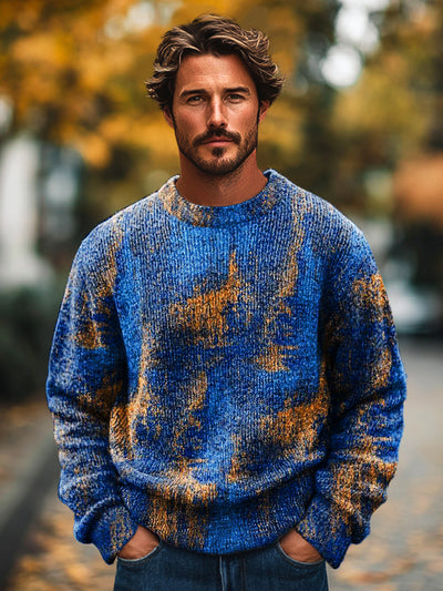 Gentleman's Vintage Abstract Art Print Knit Crew Neck Pullover