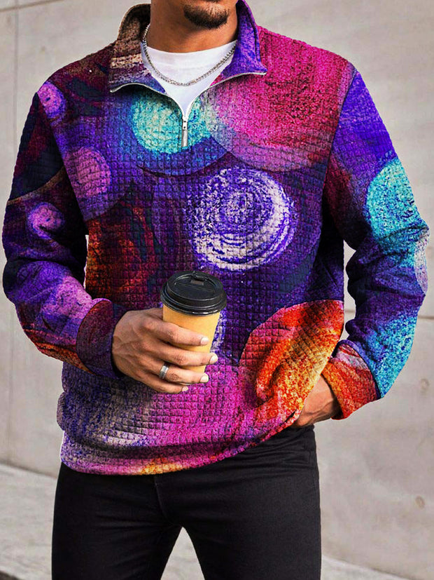 Men's Fashion Abstract Interplanetary Color Circle Art Print Waffle Lattice Zipper Front Collar Hoodie