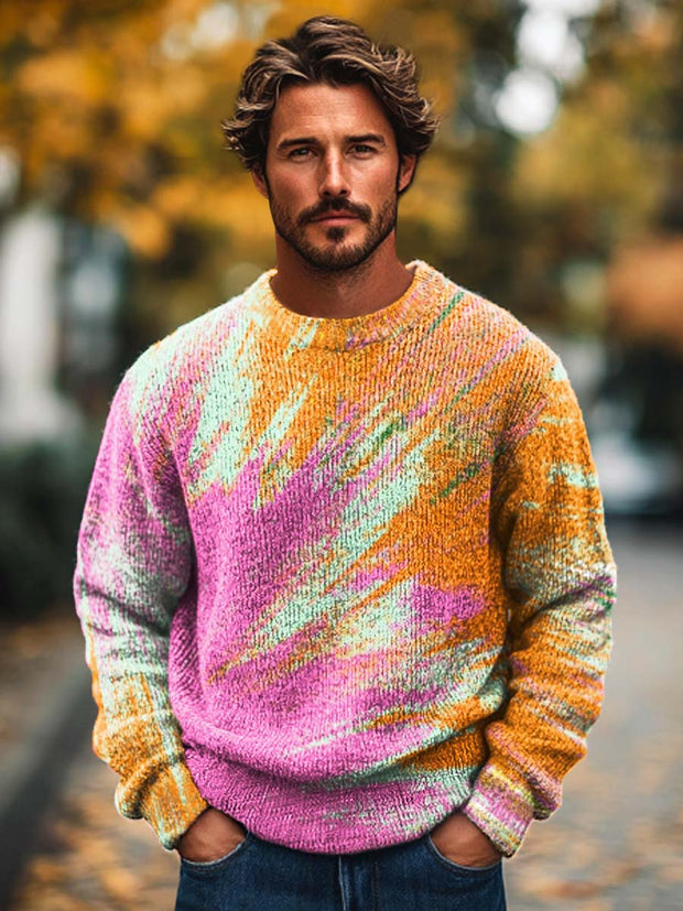 Men's Abstract Trend Two-tone Textured Art Printed Knit Crewneck Sweater