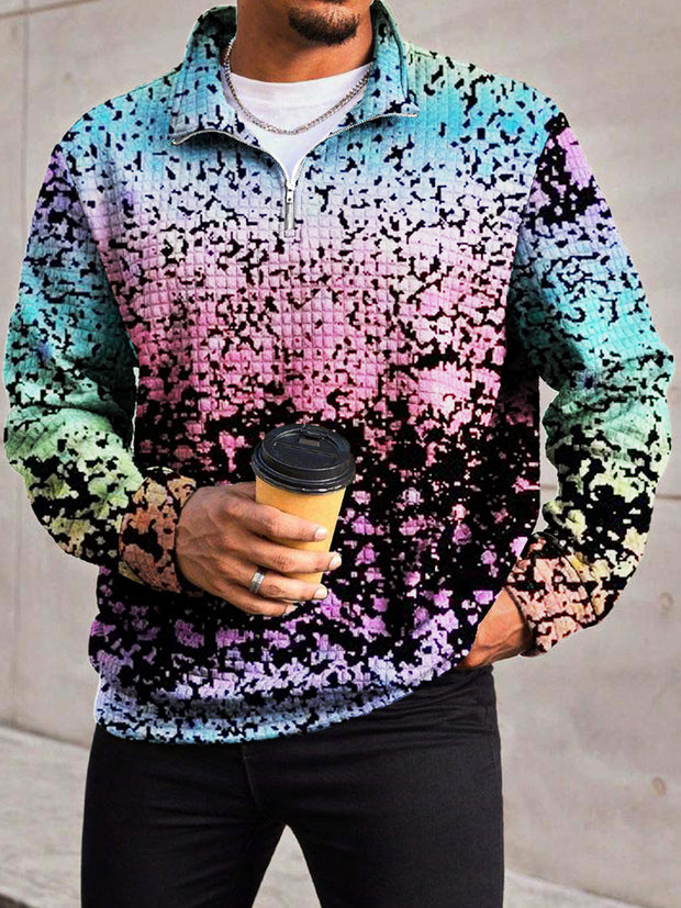 Men's Fashion Abstract Gradient Color Block Printed Waffle Lattice Zipper Front Collar Hoodie