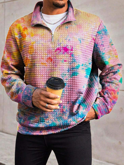 Men's Fashion Abstract Color Texture Smut Print Waffle Lattice Zipper Front Collar Hoodie