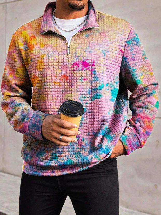 Men's Fashion Abstract Color Texture Smut Print Waffle Lattice Zipper Front Collar Hoodie