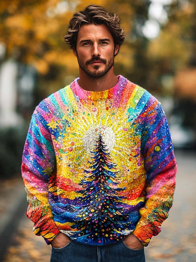 Men's Fashion Cheerful Festive Colorful Christmas Tree Print Knitted Crew-neck Sweater