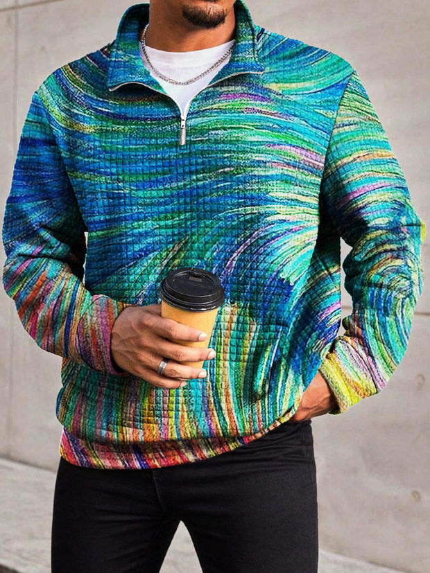 Men's Fashion Abstract Color Texture Printed Waffle Lattice Zipper Front Collar Hoodie