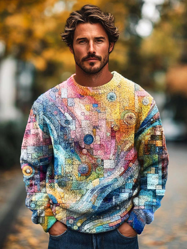 Men's Trend Abstract Irregular Geometric Art Printed Knit Crew-neck Sweater