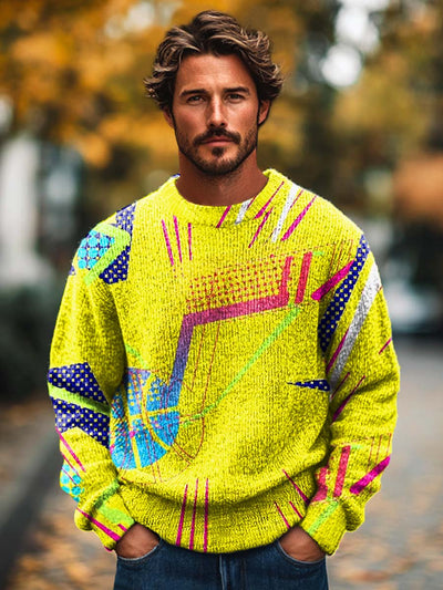 Men's Fashion Abstract Rock Note Printed Knit Crewneck Sweater