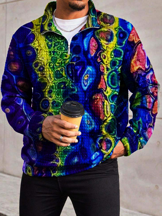 Men's Fashion Abstract Texture Printed Waffle Check Zipper Front Collar Hoodie