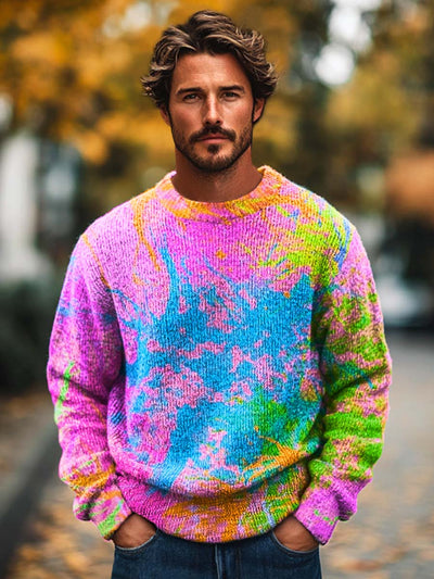 Men's Abstract Art Color Smut-dyed Printed Knit Crew Neck Sweater