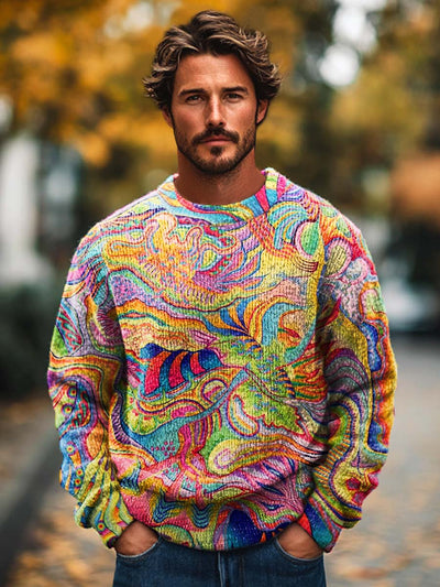 Men's Abstract Fashion Art Textured Printed Knit Crew Neck Sweater