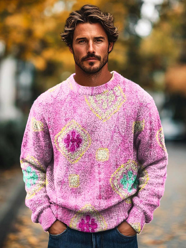 Gentlemen's Elegant Geometric Print Knit Crewneck Sweater