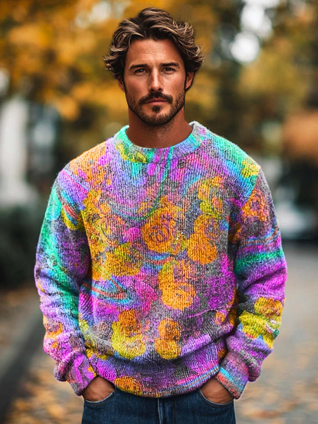 Men's Fashion Abstract Colorful Floral Print Knit Crew Neck Sweater