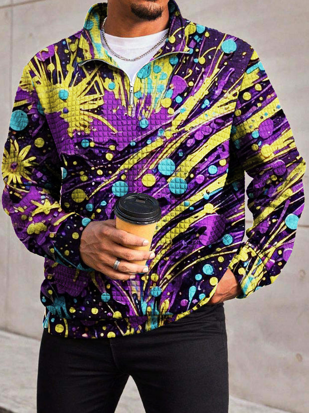 Men's Fashion Abstract Paint Spray Print Waffle Lattice Zipper Front Collar Hoodie