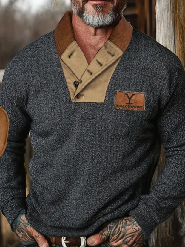 Cowboy Texture Pattern Printed Western Village Hunting Logo Button V-Neck Outdoor Thick Sweatshirt