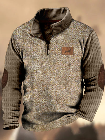 Cowboy Texture Pattern Printed Western Village Hunting Logo Zipper V-Neck Outdoor Thick Sweatshirt