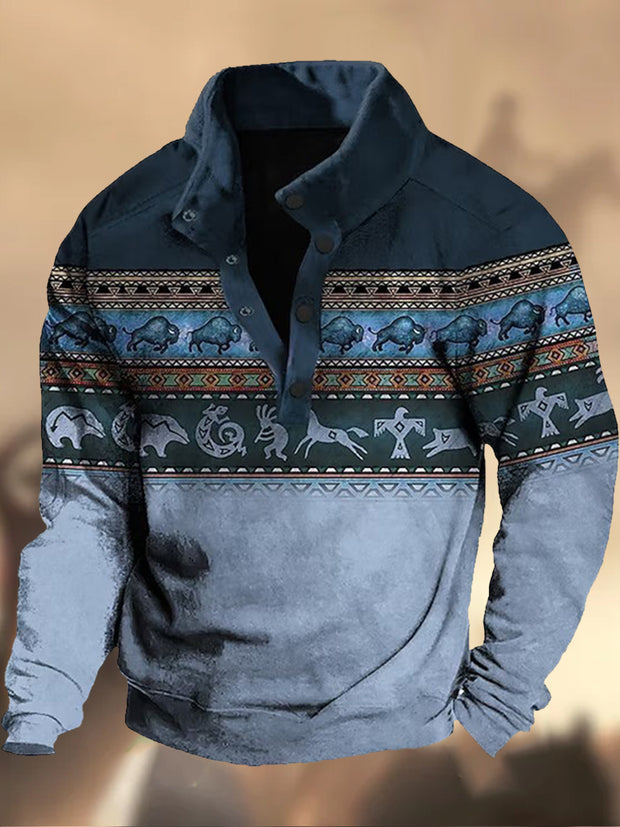 Cowboy Texture Pattern Printed Western Village Hunting Logo Button V-Neck Outdoor Thick Sweatshirt