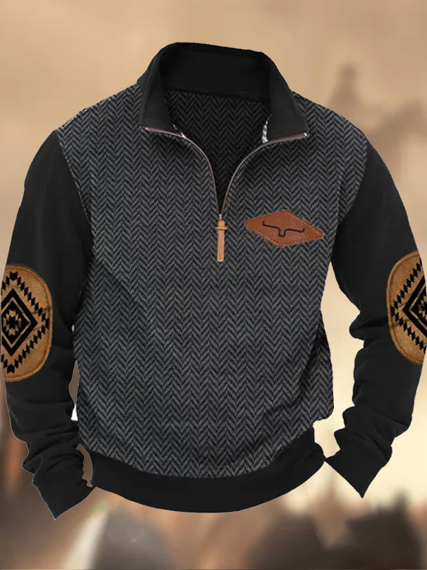 Cowboy Texture Pattern Printed Western Village Hunting Logo Button V-Neck Outdoor Thick Sweatshirt