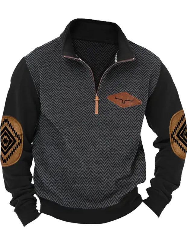 Cowboy Texture Pattern Printed Western Village Hunting Logo Button V-Neck Outdoor Thick Sweatshirt