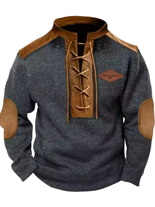 Cowboy Texture Pattern Printed Western Village Hunting Logo Button V-Neck Outdoor Thick Sweatshirt