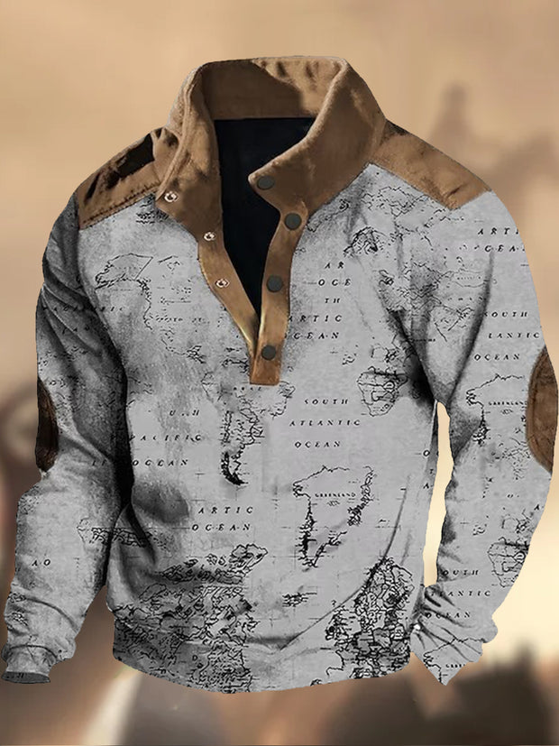 Cowboy Texture Pattern Printed Western Village Hunting Logo Button V-Neck Outdoor Thick Sweatshirt