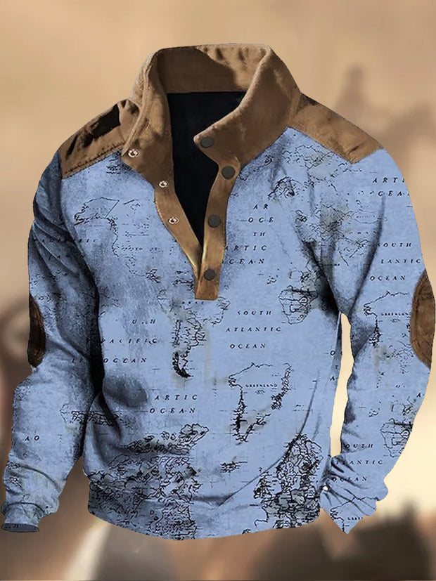 Cowboy Texture Pattern Printed Western Village Hunting Logo Button V-Neck Outdoor Thick Sweatshirt