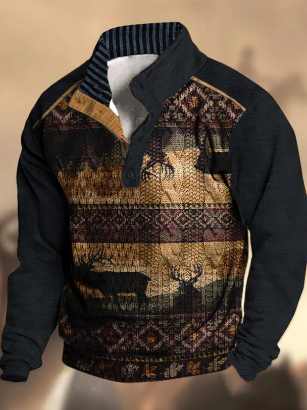 Cowboy Texture Pattern Printed Western Village Hunting Logo Button V-Neck Outdoor Thick Sweatshirt