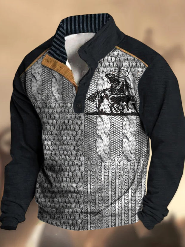 Cowboy Texture Pattern Printed Western Village Hunting Logo Button V-Neck Outdoor Thick Sweatshirt