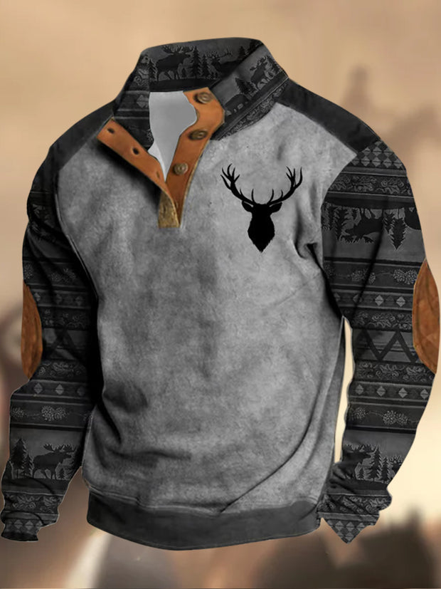 Cowboy Texture Pattern Printed Western Village Hunting Logo Button V-Neck Outdoor Thick Sweatshirt