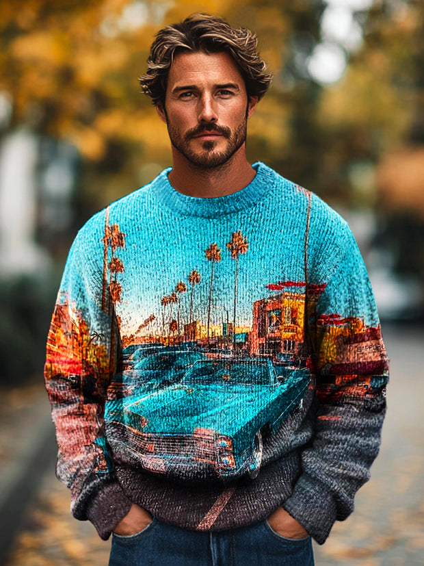 Gentleman Vintage Seaside Old Car Art Print Knit Crew Neck Pullover