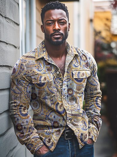 African Vintage Ethnic Paisley Print Corduroy Lapel Pocket Shirt