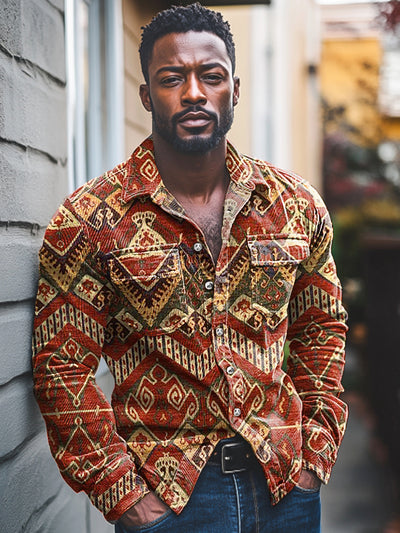 African Vintage Ethnic Geometric Art Print Corduroy Lapel Pocket Shirt